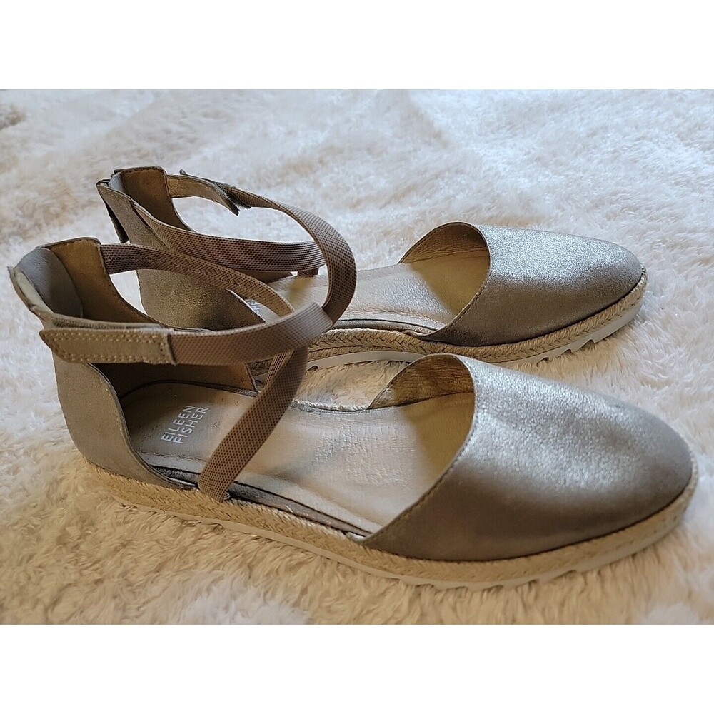 EILEEN FISHER Bisa Metallic Ankle Strap Zipper Back Flat Espadrille Shoes Sz 9.5